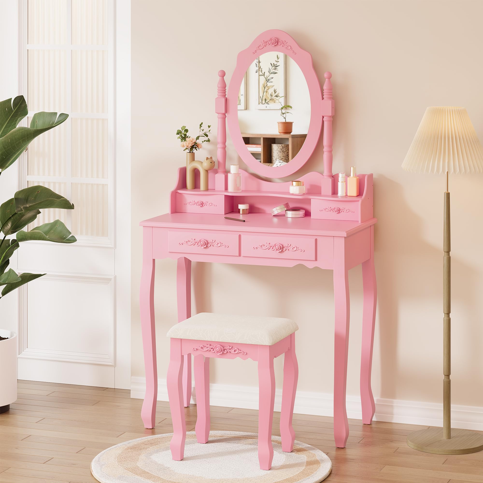 Alohappy Vanity Desk Set with Mirror & Stool for Girls, Makeup Vanity Table and Cushioned Stool Set with 4 Drawers, Wood Dressing Table for Bedroom (Pink)