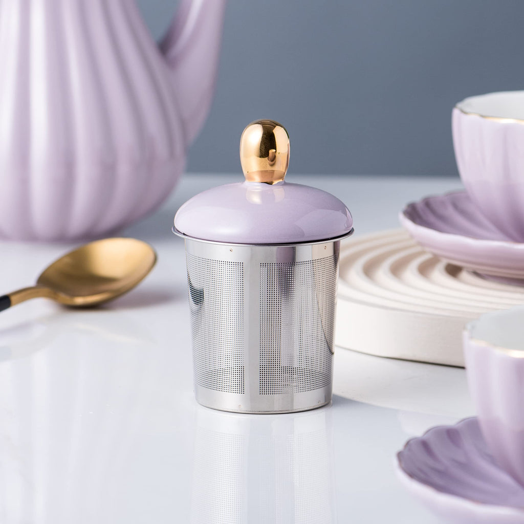 Jusalpha Serve for 6- Fine China Pink Coffee Cup/Teacup Set, 8 OZ Cups& Saucer, with Teapot-Sugar Bowl-Cream Pitcher Teaspoons and tea strainer for Tea/Coffee (Lavender, Serve of 6)