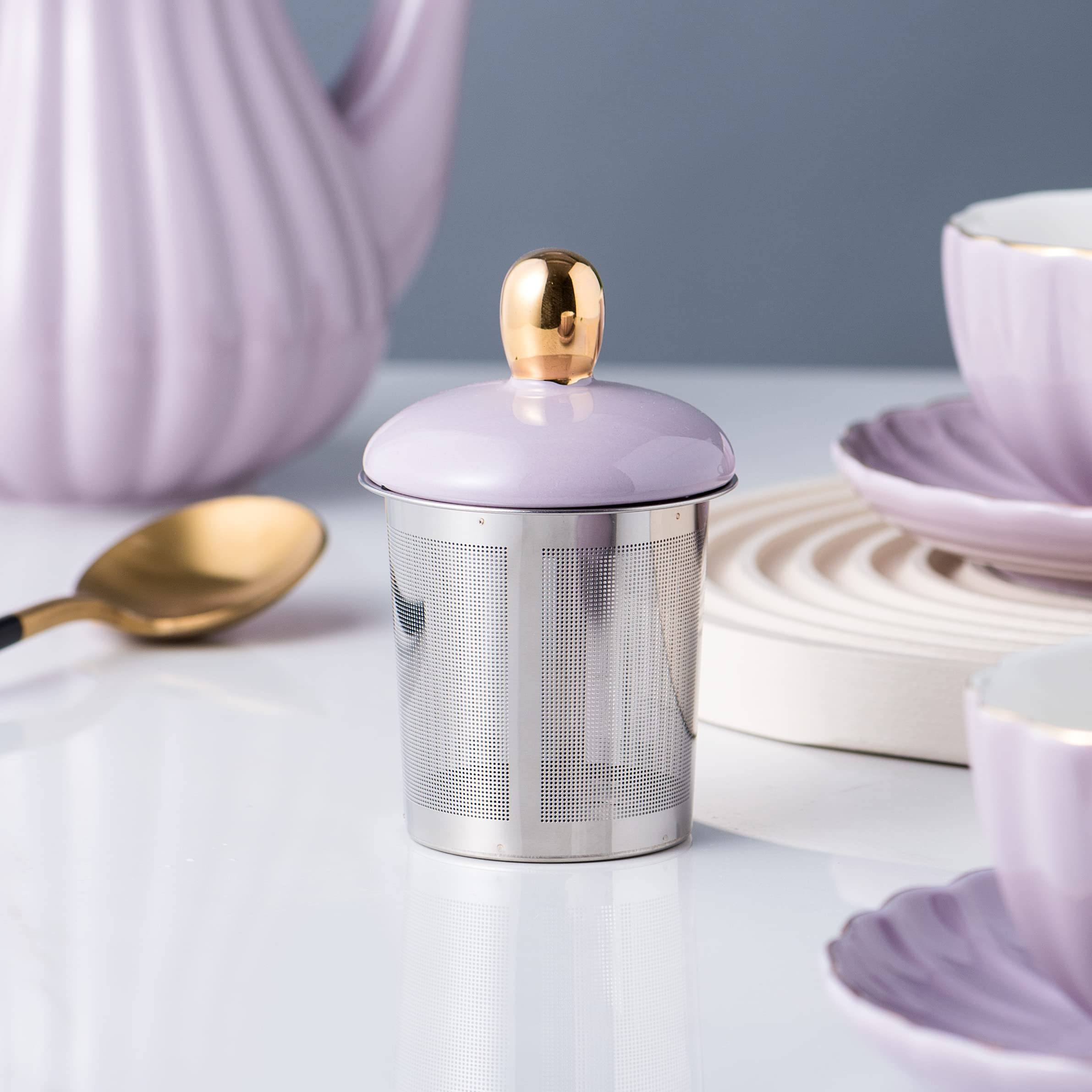 Jusalpha Serve for 6- Fine China Pink Coffee Cup/Teacup Set, 8 OZ Cups& Saucer, with Teapot-Sugar Bowl-Cream Pitcher Teaspoons and tea strainer for Tea/Coffee (Lavender, Serve of 6)