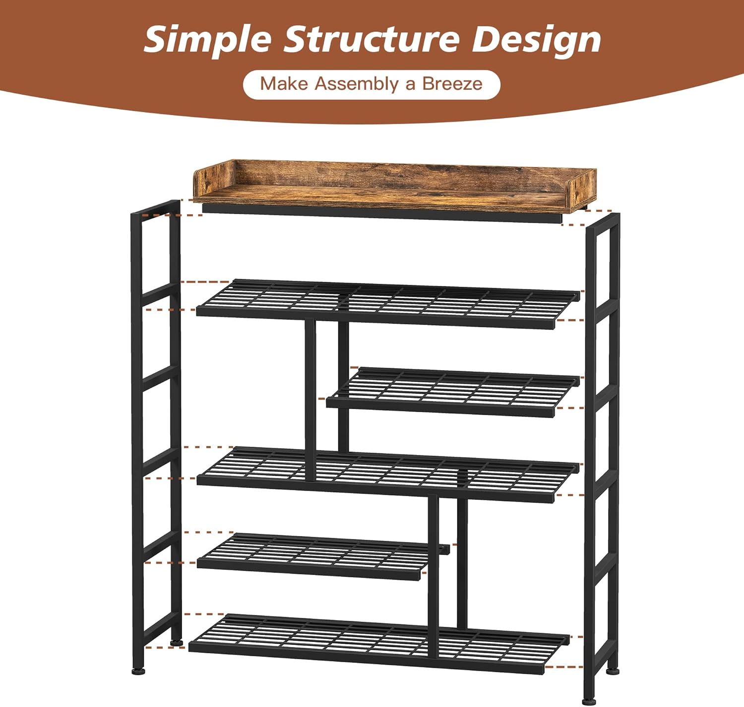 EnHomee Shoe Rack for Entryway, 6 Tier Shoe Organizer with Adjustable Shelves, 22 Pairs, Shoe Shelf with Wooden Top and Side Pocket for Closet, Entryway, Living Room, Rustic Brown & Black