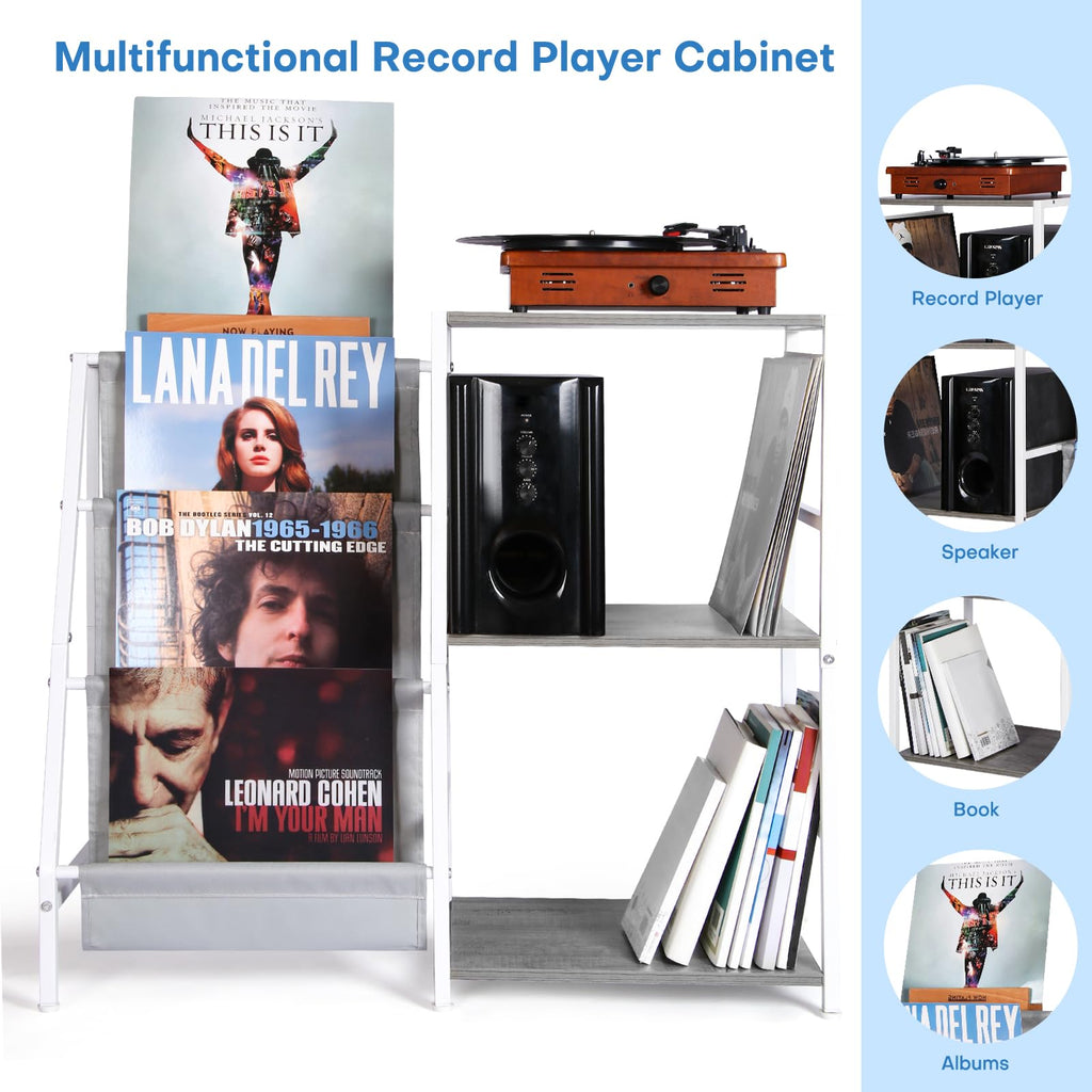 HYCFYJR Record Player Stand, 3-Tier Vinyl Record Storage, Turntable Stand with Now Playing Holder, Vinyl Display for Living Room, Grey & White