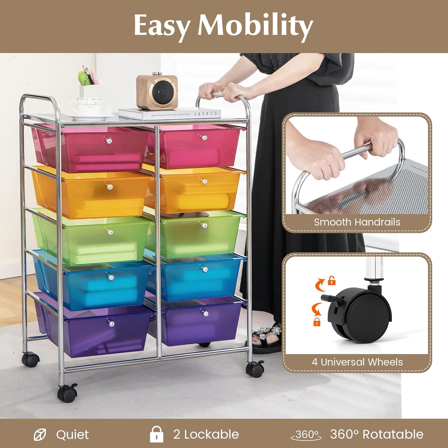 LDAILY 9 Drawer Rolling Storage Cart, Rolling Cart with Drawers for Classroom, Art Supply Craft Organizer on Wheel with Metal Frame & Handles for Home Office School