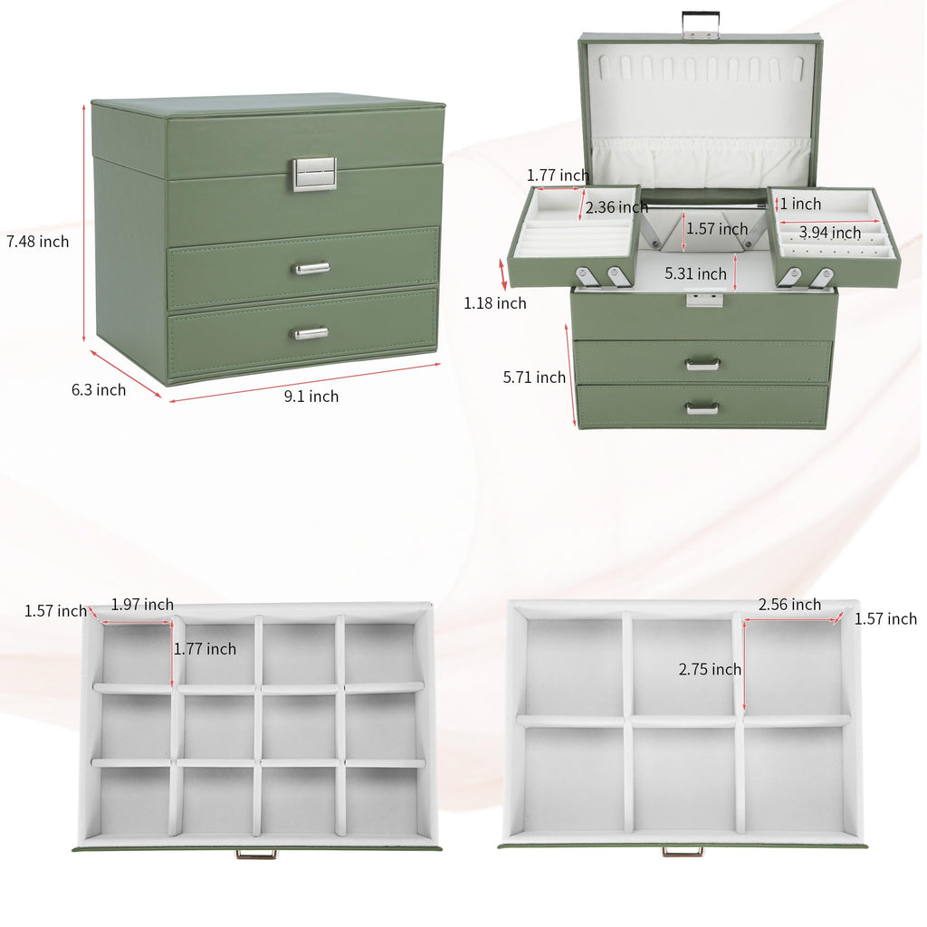 Dajasan Jewelry Organizer Box, Large Jewelry Boxes for Women Girls, Space-Saving 4 Layers Jewelry Storage Case with Drawer, Movable Metal Stand, Modern, Gift Idea (Green)