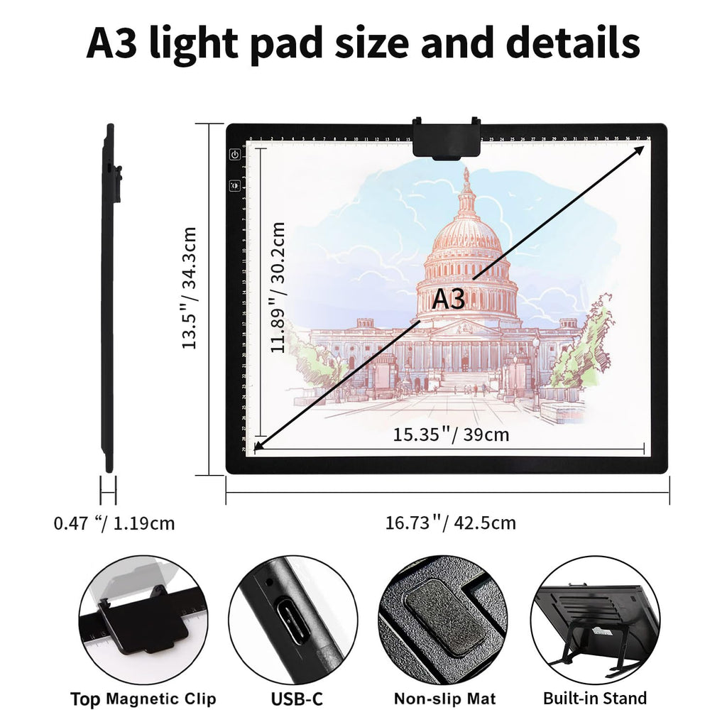 Zocelight A1(35.4''x 23.6'') Large Rechargeable Light Pad for Diamond Painting,6 Levels & Stepless Dimming Light Box for Tracing,3-Color Modes Light Board,Built-in 6000mAh Battery Light Table for Art