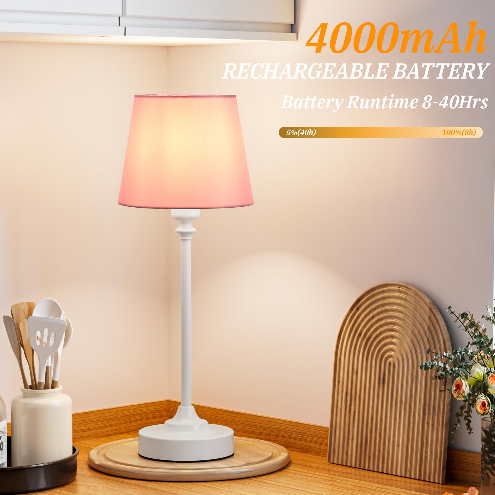 Touch Control Cordlss Table Lamp, USB-C Rechargeable Lamp with Stepless Dimming, 4000mAh Battery Operated Bedside Lamp for Bedroom, Living Room, Night Light & Emergency Lighting, Black, 1 Pack