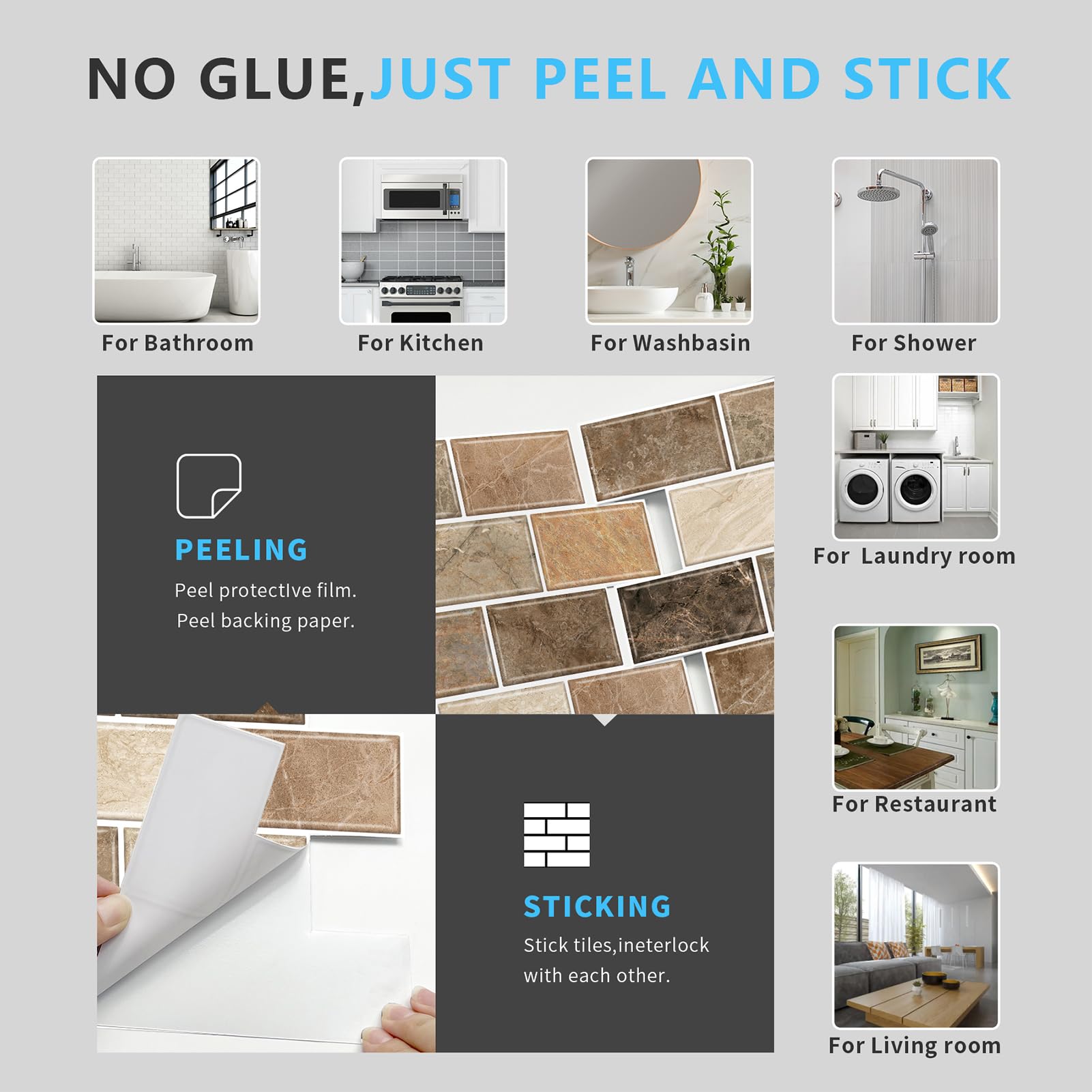URCOLOR 10-Sheet Back Splashes for Kitchens Peel and Stick,12"x12" Self Adhesive Subway Wall Tiles Stick on backsplash Tiles for Bathroom Black Marble
