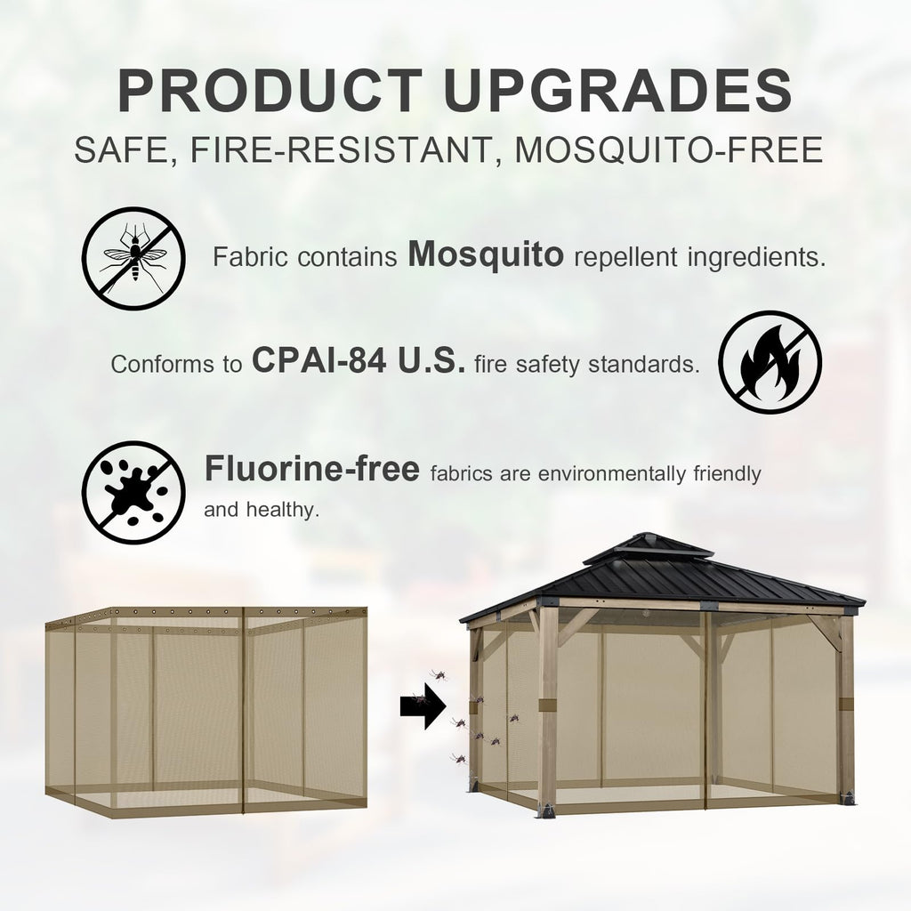 BPS 10' x 10' Gazebo Universal Mosquito Netting Screen Replacement, 4-Panel Mesh Screen Walls with Double Zippers for Outdoor Patio, Khaki (Mosquito Net Only)