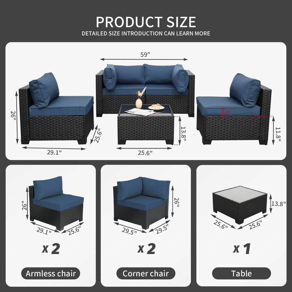 WAROOM Outdoor 5 Piece Patio Furniture Set, Black Rattan Conversation Couch Resin Wicker Sectional Sofa Outside Chair with Coffee Table, Grey Cushion