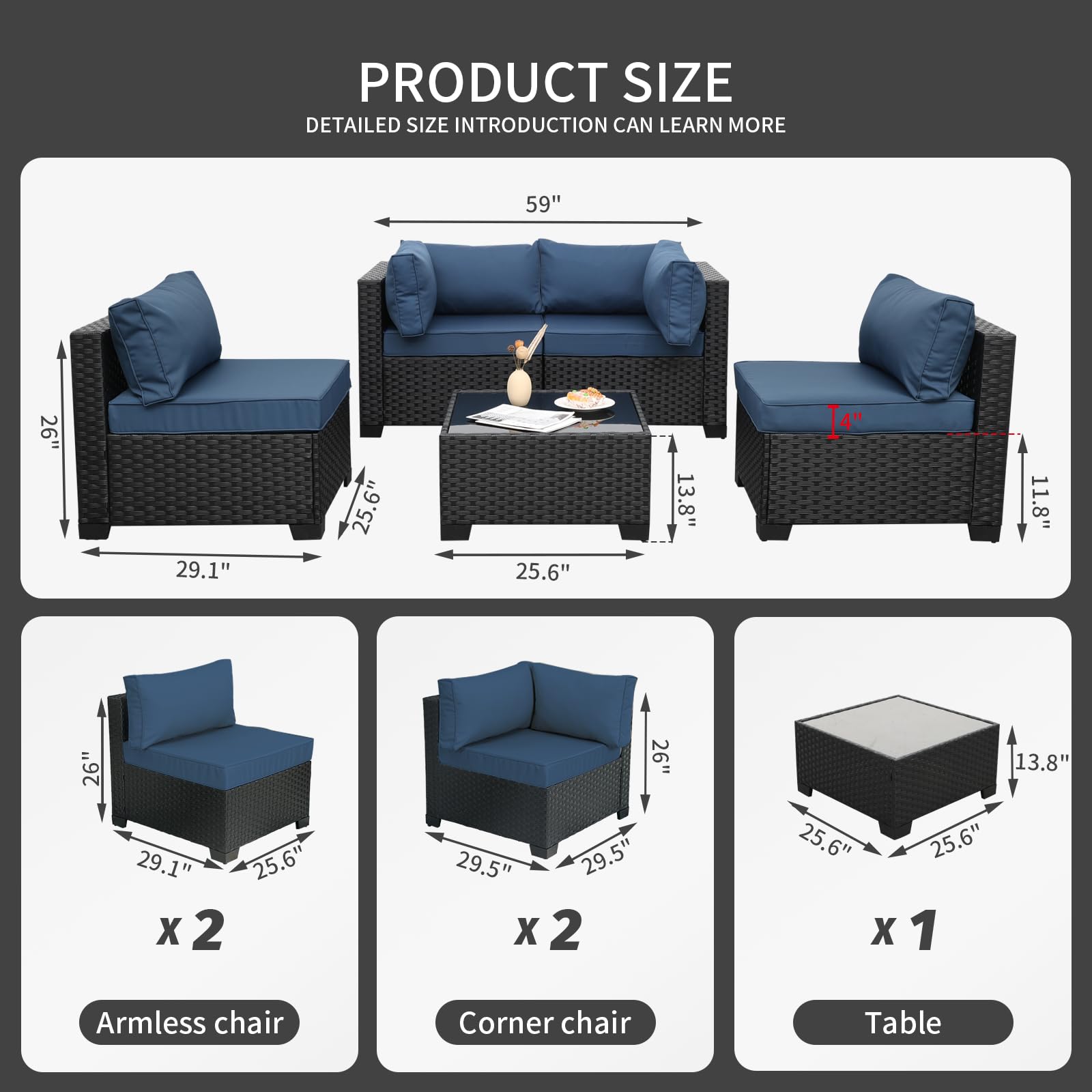 WAROOM Outdoor 5 Piece Patio Furniture Set, Black Rattan Conversation Couch Resin Wicker Sectional Sofa Outside Chair with Coffee Table, Grey Cushion