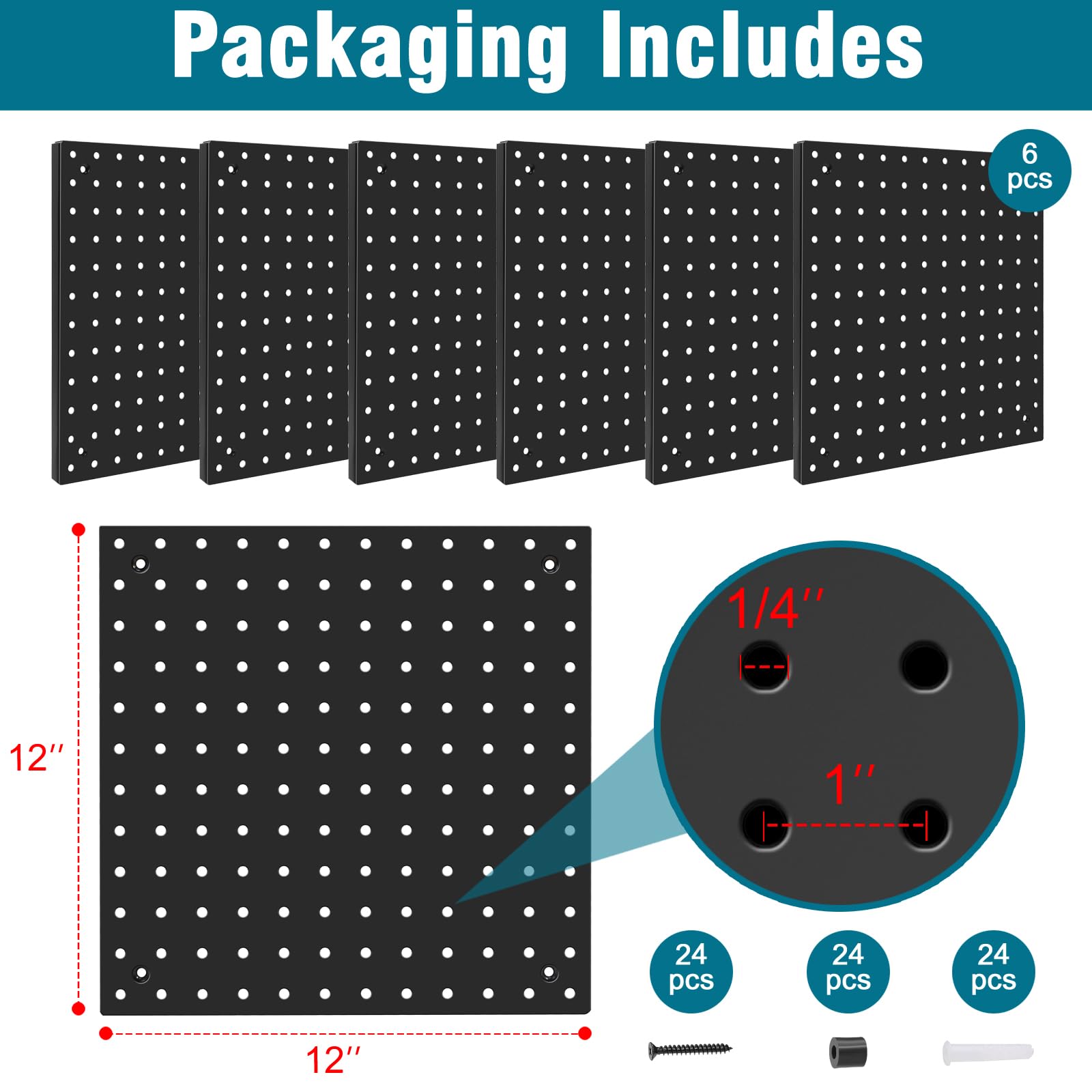 Peg Board,Steel Organization Panels, Ideal for Garage Tool Storage, Office Organization, Craft Room, Kitchen,Pack of 4 (Black, 4-12X12)