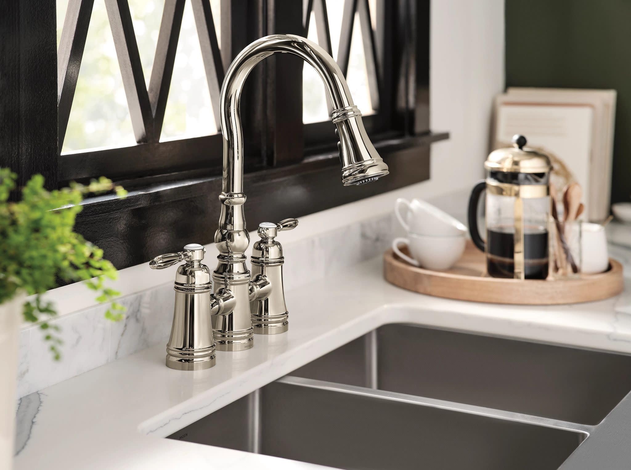 Moen Brushed Gold Weymouth Two Handle Pulldown Bridge Kitchen Faucet, S73204BG