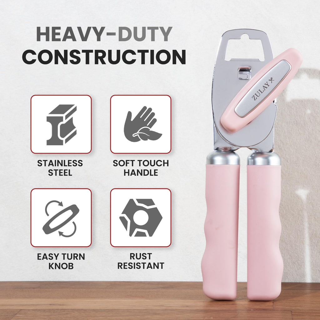 Zulay Kitchen Heavy Duty Stainless Steel Can Opener Manual with Bottle Opener - Rust Proof Manual Can Opener With Turn Knob & Comfy Soft Grip Handles - Airy Lilac