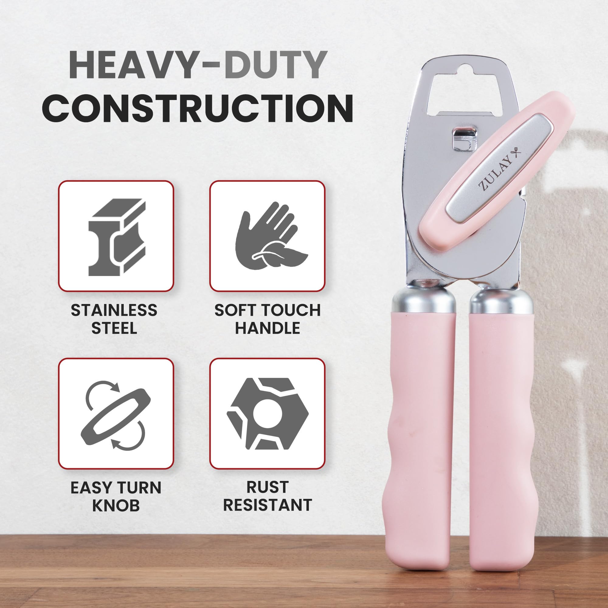 Zulay Kitchen Heavy Duty Stainless Steel Can Opener Manual with Bottle Opener - Rust Proof Manual Can Opener With Turn Knob & Comfy Soft Grip Handles - Airy Lilac