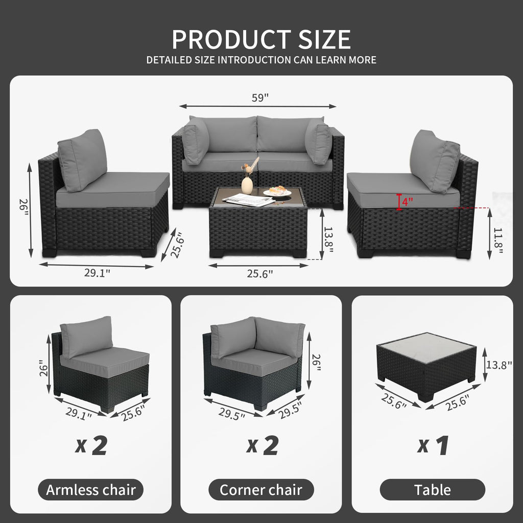 WAROOM Outdoor 5 Piece Patio Furniture Set, Black Rattan Conversation Couch Resin Wicker Sectional Sofa Outside Chair with Coffee Table, Grey Cushion