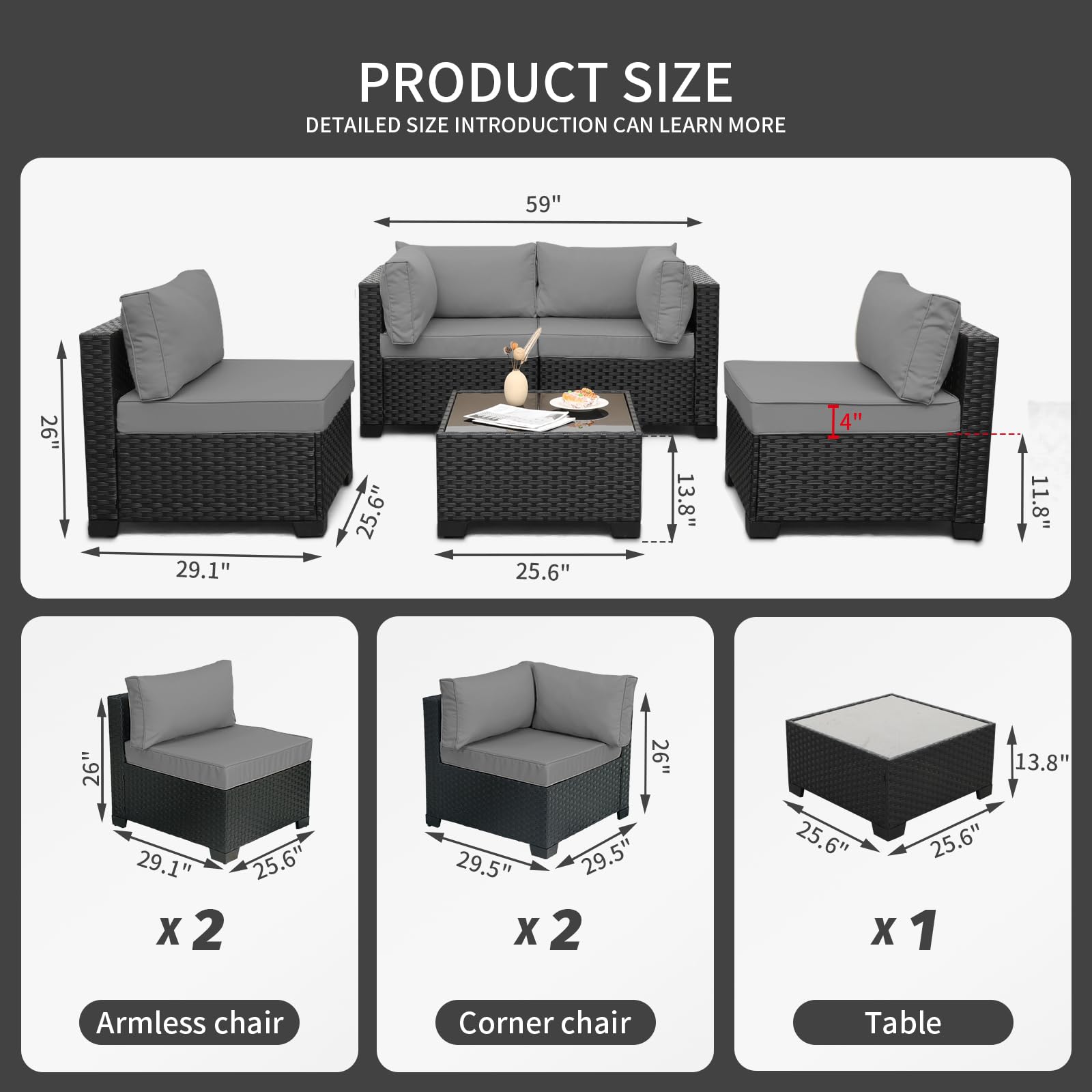 WAROOM Outdoor 5 Piece Patio Furniture Set, Black Rattan Conversation Couch Resin Wicker Sectional Sofa Outside Chair with Coffee Table, Grey Cushion