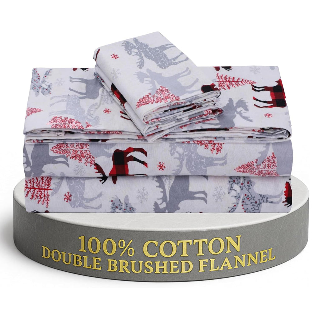 Feather & Stitch 100% Cotton Flannel Twin Sheet Set, 3 Piece Brushed Cotton Flannelette Flat Sheet, Winter Fitted Sheet, Heavy Weight Bedding, 16" Deep Pocket (Grey Plaid)
