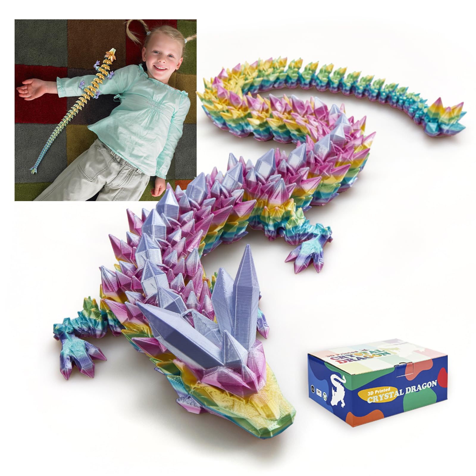24" Large 3D Printed Dragon - Huge Articulated Crystal Dragon Fidget Toy, Giant Flexible 3D Dragon Figure, Birthday Gift for Boys Girls Kids & Collectors, Home Office Executive Desk Decor