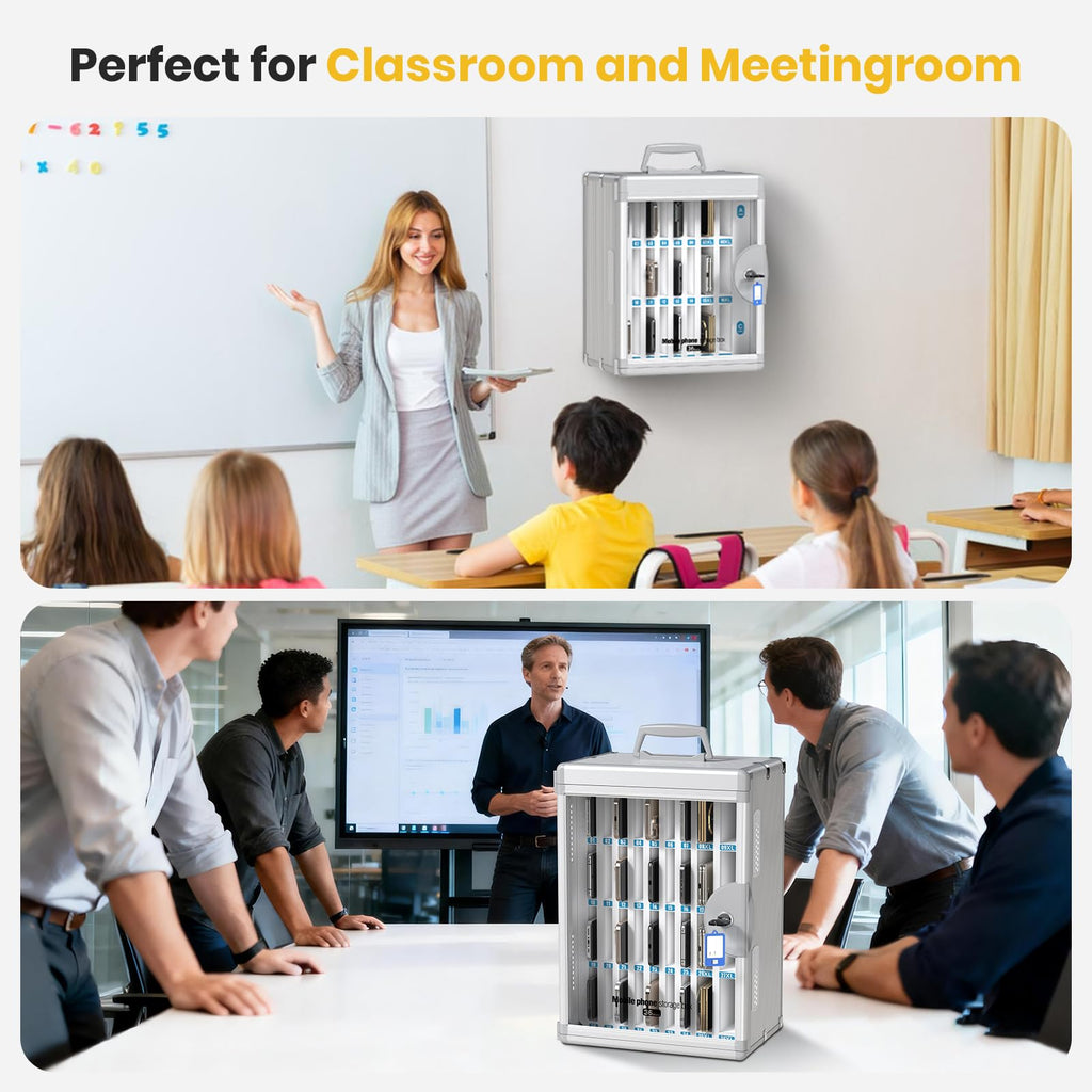 Glosen Cell Phone Locker 24 Slots, Portable Phone Storage Cabinet [Wall Mounted] [Silver 24 Slots-Universal Key ] Aluminum Alloy Cellphone Lock Box with Key & Handle for School Classroom Office Exam