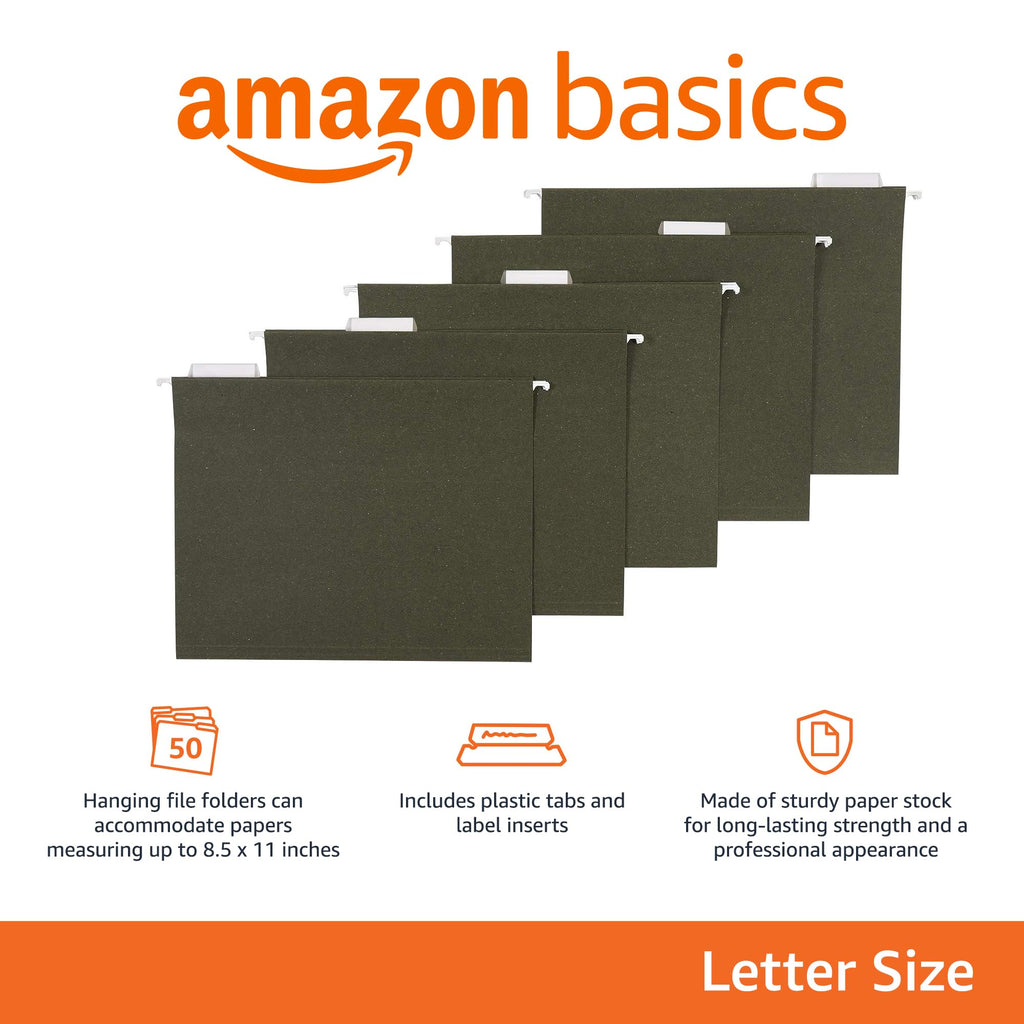 Amazon Basics Hanging File Folders for Documents, Letter Size, 1/5-Cut Adjustable Tabs, Standard Green, 50 Count
