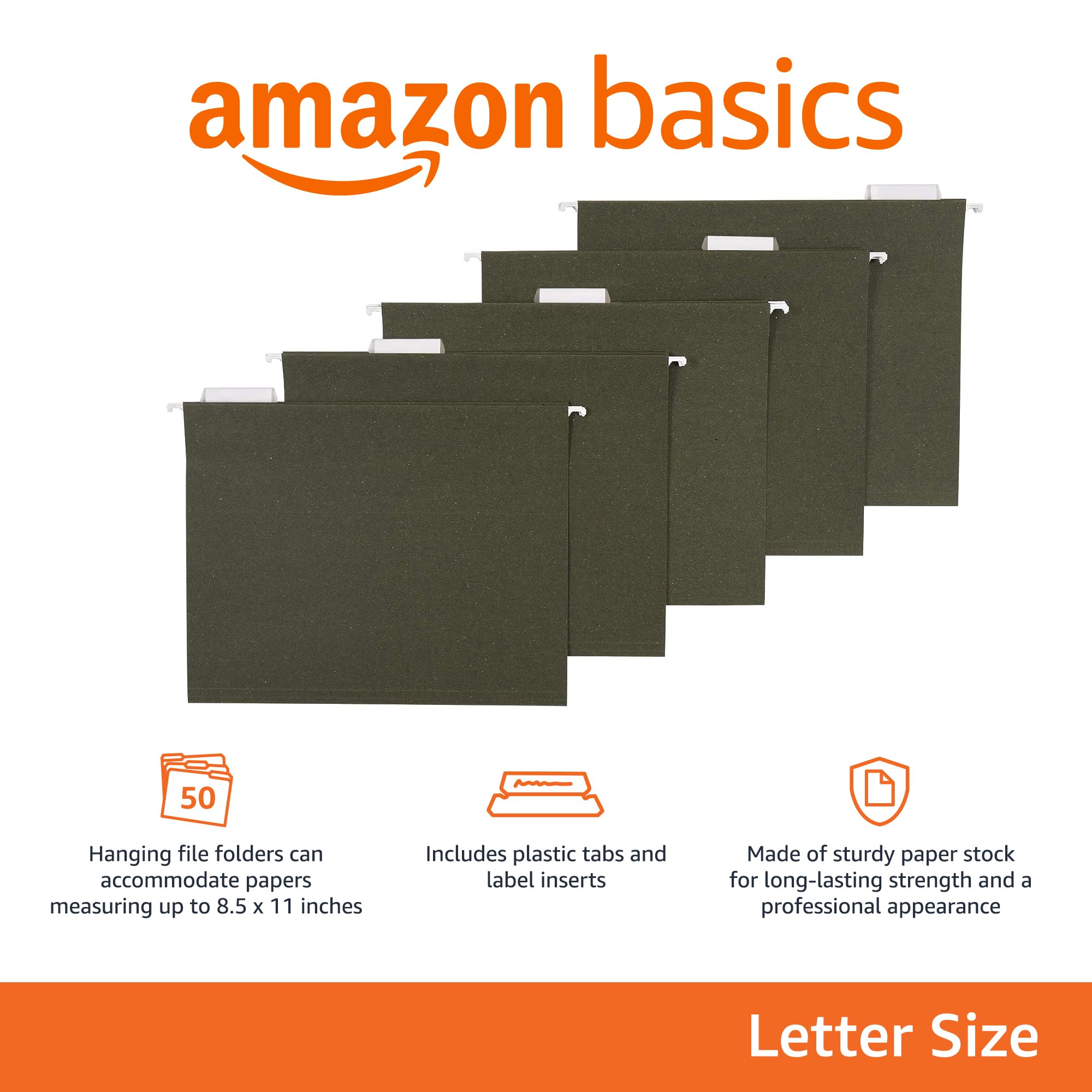 Amazon Basics Hanging File Folders for Documents, Letter Size, 1/5-Cut Adjustable Tabs, Standard Green, 50 Count