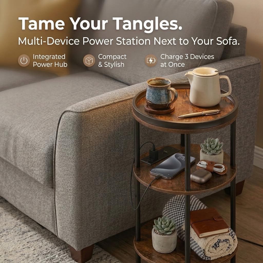 Small Round Side Table with Charging Station for Small Spaces, 3-Tier Accent Table with USB Ports & Power Outlets, Sofa Corner Tea Table for Living Room Nightstand Bedroom Apartment (Black)