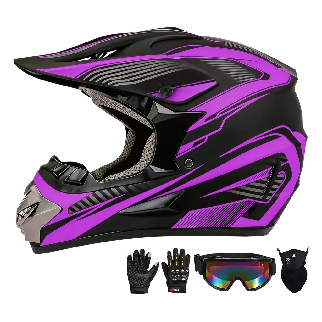 Youth Kids Motocross Helmet Full Face Motorcycle Dirt Bike Off-Road Mountain Bike BMX MX ATV Helmet,DOT Approved,W/Gloves Goggles Mask 4Pcs Set (Black, S)
