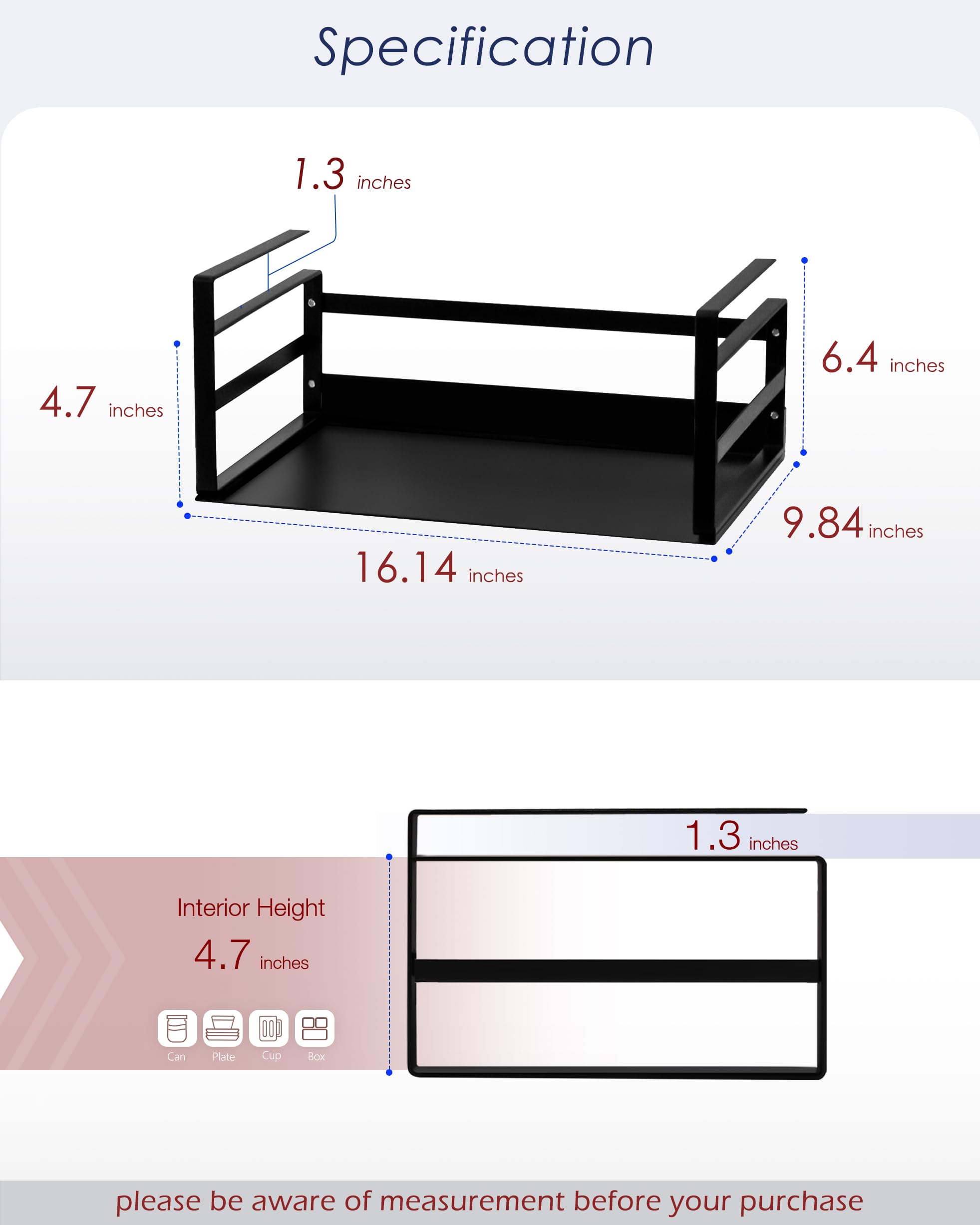 Nxconsu 2 Pack Small Compact Heavy Duty Under Cabinet Organizer, Slide-Under Shelf Basket with Metal Bottom, Hanging Pantry Shelf for Kitchen Cupboard Bookshelf Closet, Holds 15 lbs, Black, 11.02"