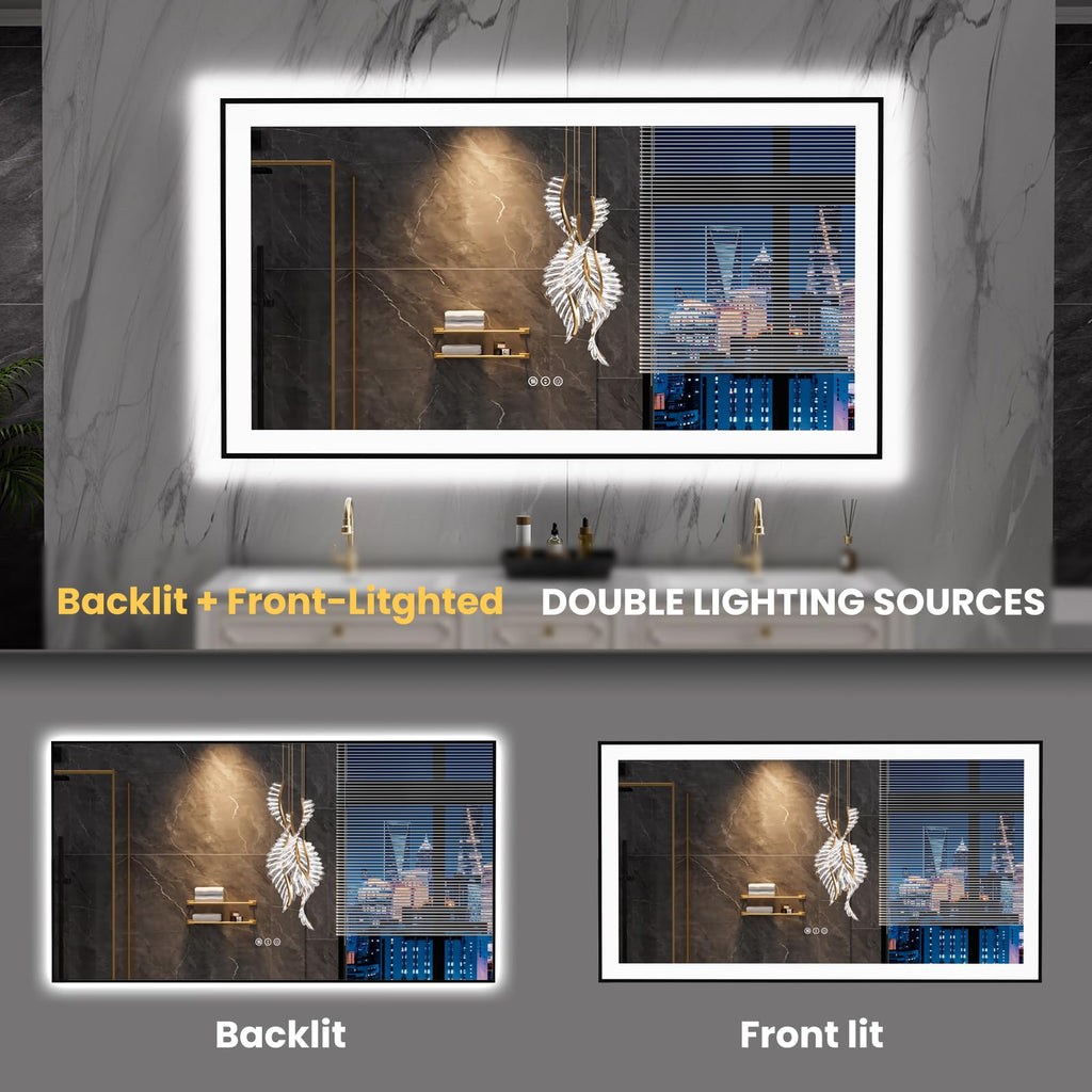 LOAAO 20"X28" LED Bathroom Mirror Black Framed | Anti-Fog, Dimmable, Memory Function, Tempered Glass, Lighted Vanity Mirror for Wall