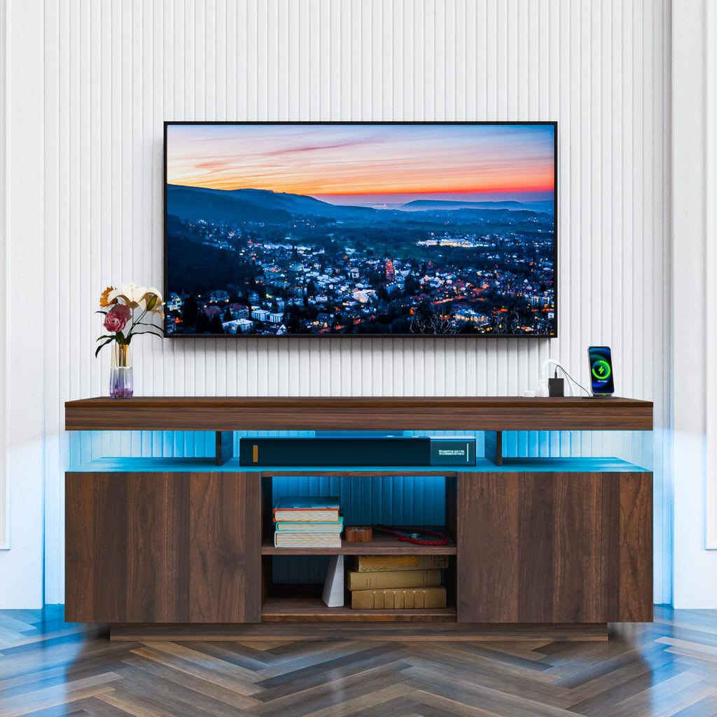 HOMMPA Modern LED TV Stand for 55 Inch TV, Black Tall TV Console with Power Outlet, Entertainment Center with Storage, High Gloss Gaming Media Console Cabinet for Living Room (47 Inch)