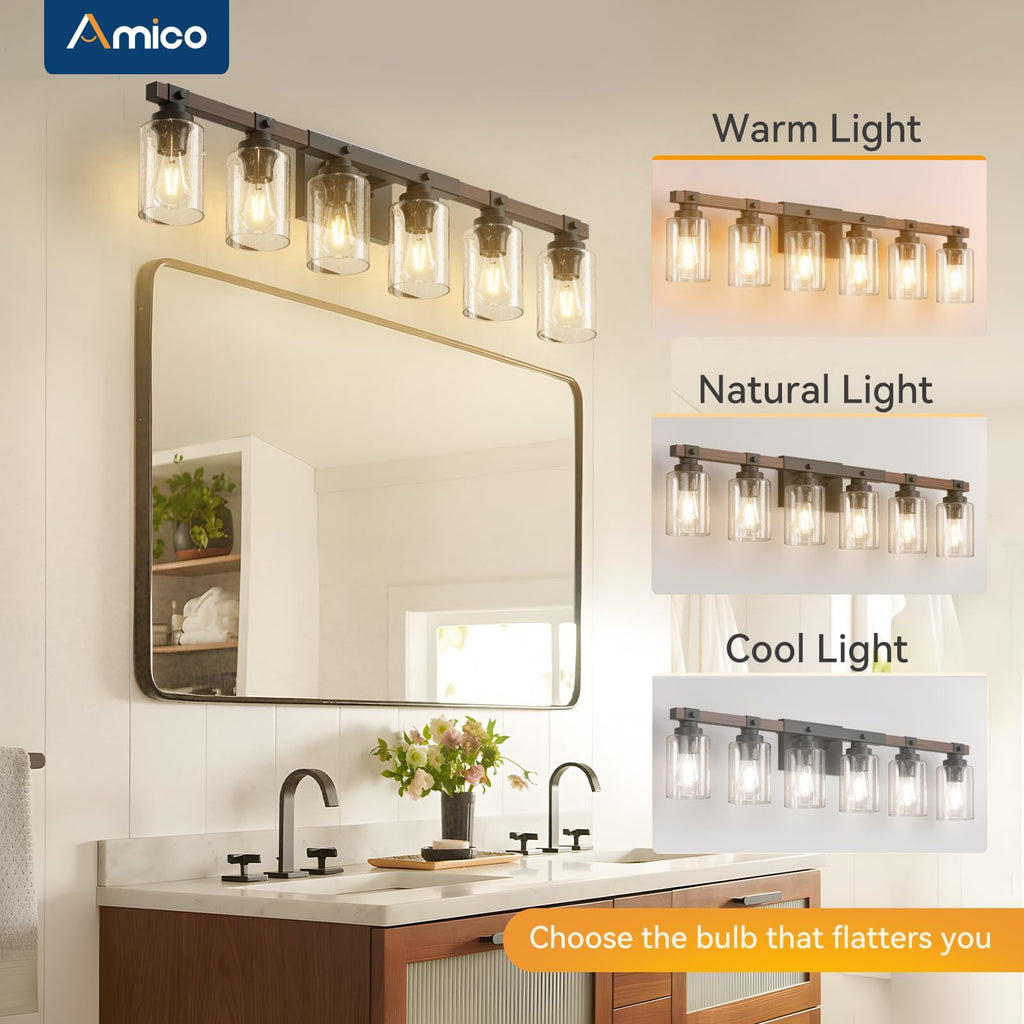 Amico 3-Light Farmhouse Vanity Light Fixture, Rustic Wood Bathroom Light Fixtures, Industrial Vintage Black Wall Sconces Lights with Bubble Glass Shade for Mirror, Bedroom, Living Room, Hallway