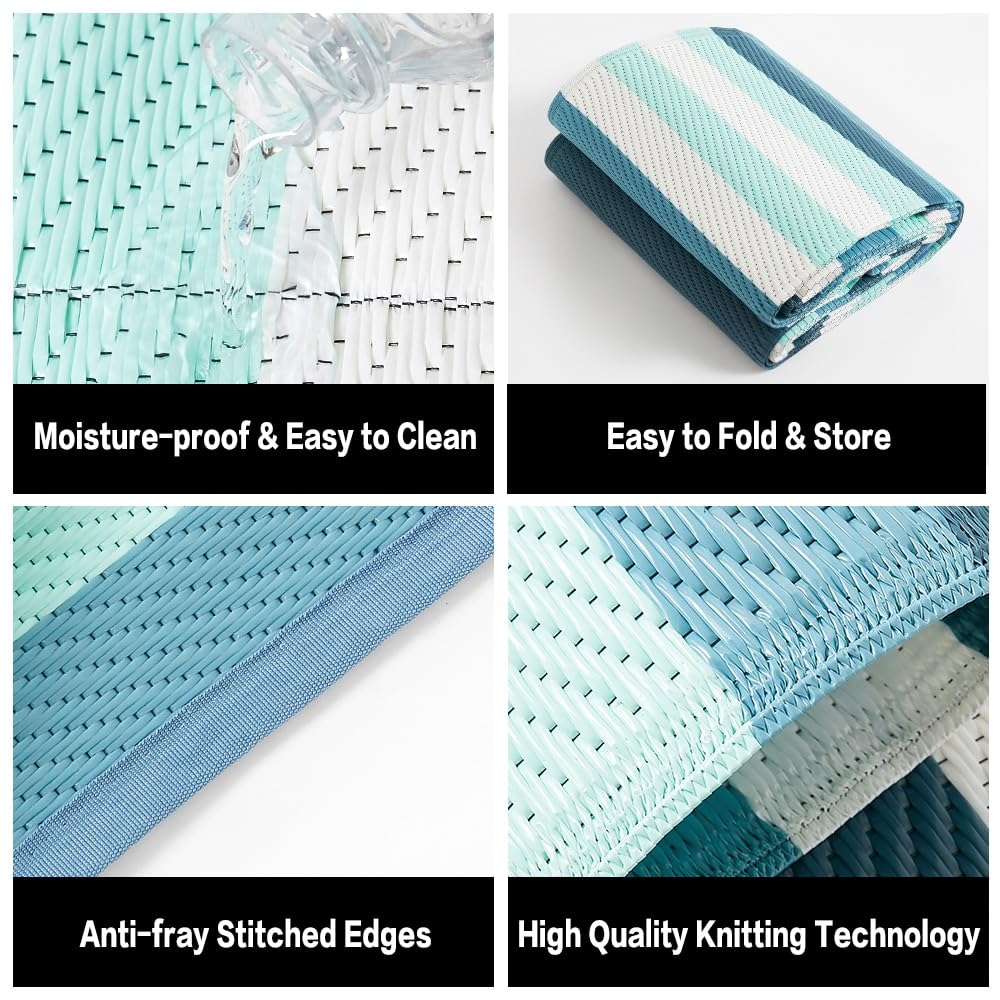 HUGEAR Outdoor Patio Rug 3'x5' Waterproof Outside Area Rugs Blue Reversible Plastic Straw Carpet for RV Deck Camping Entryance Porch Picnic Balcony Beach