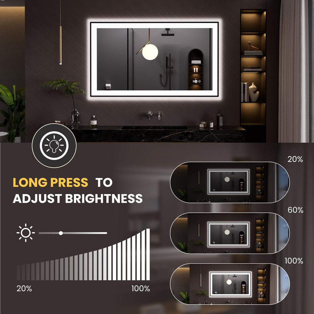 LOAAO 20"X28" LED Bathroom Mirror Black Framed | Anti-Fog, Dimmable, Memory Function, Tempered Glass, Lighted Vanity Mirror for Wall
