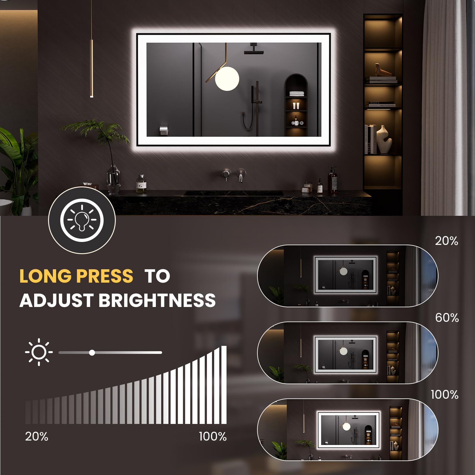 LOAAO 20"X28" LED Bathroom Mirror Black Framed | Anti-Fog, Dimmable, Memory Function, Tempered Glass, Lighted Vanity Mirror for Wall