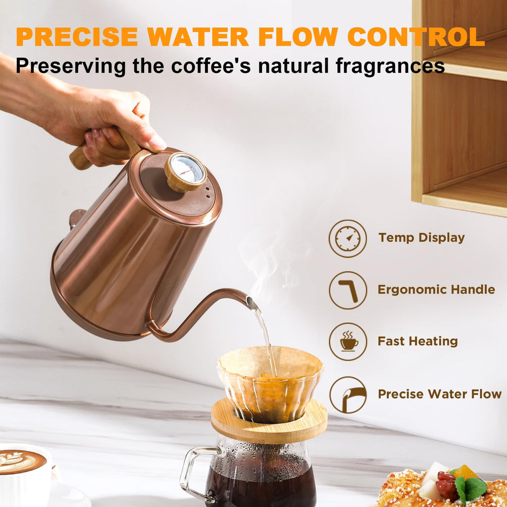Nueve&Five Gooseneck Electric Kettle with Thermometer， Black Electric Kettle 1L with Auto Shut-Off，1000W Hot Water Kettle of Stainless Steel， Pour Over Kettle for Coffee & Tea