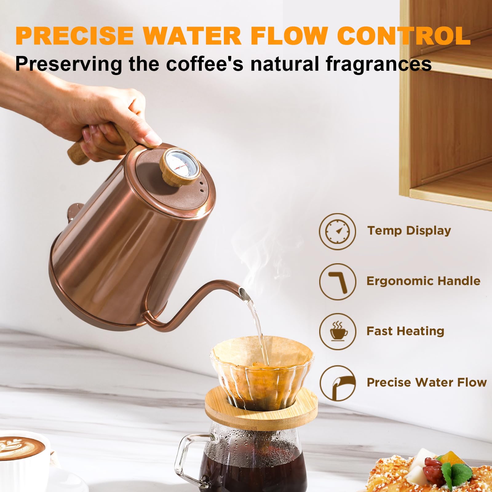 Nueve&Five Gooseneck Electric Kettle with Thermometer， Black Electric Kettle 1L with Auto Shut-Off，1000W Hot Water Kettle of Stainless Steel， Pour Over Kettle for Coffee & Tea