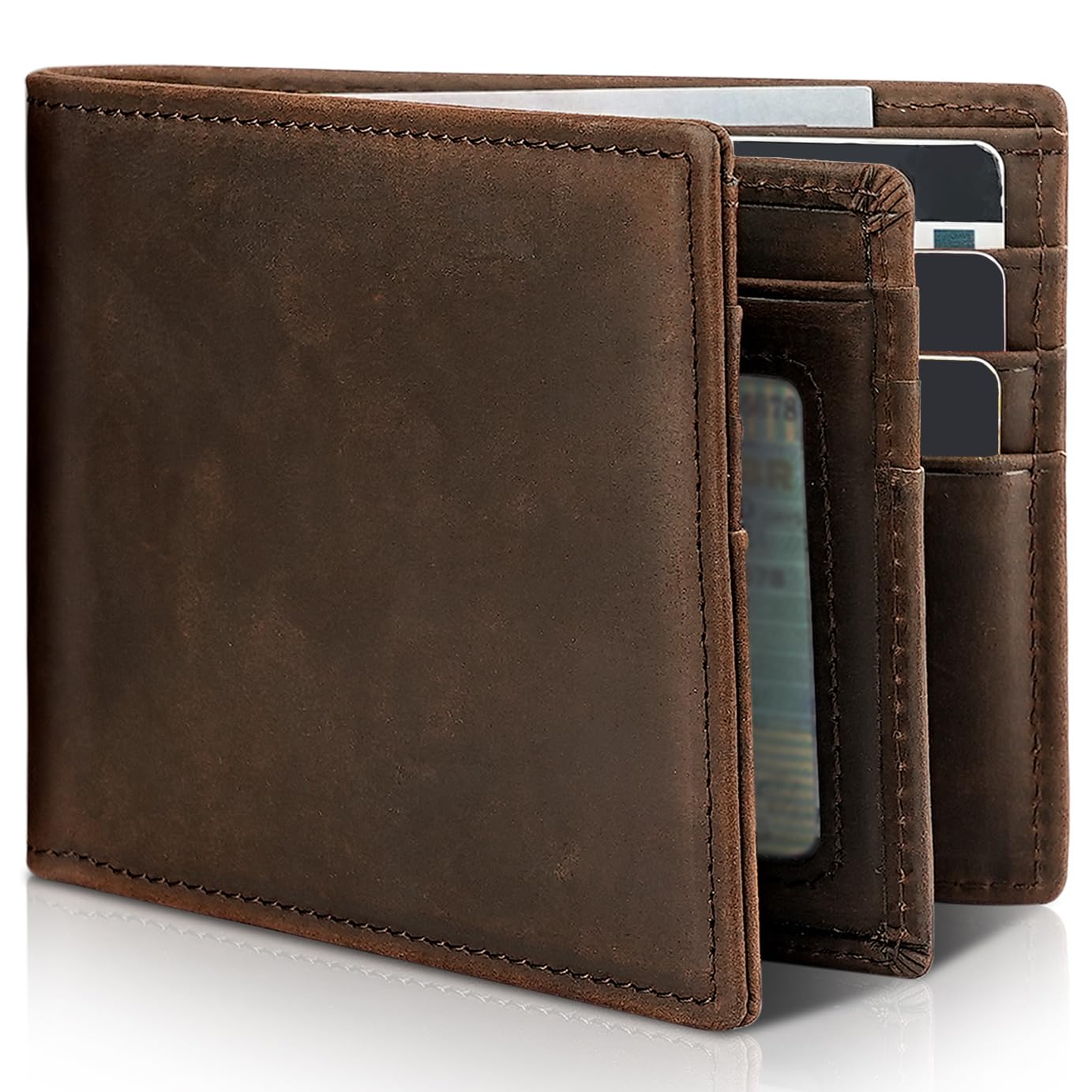 Artpaxy Mens Wallet Genuine Leather Bifold RFID Blocking Wallet for Men with 1 ID Window 13 Card Holders 2 cash pockets 1 Gift Box