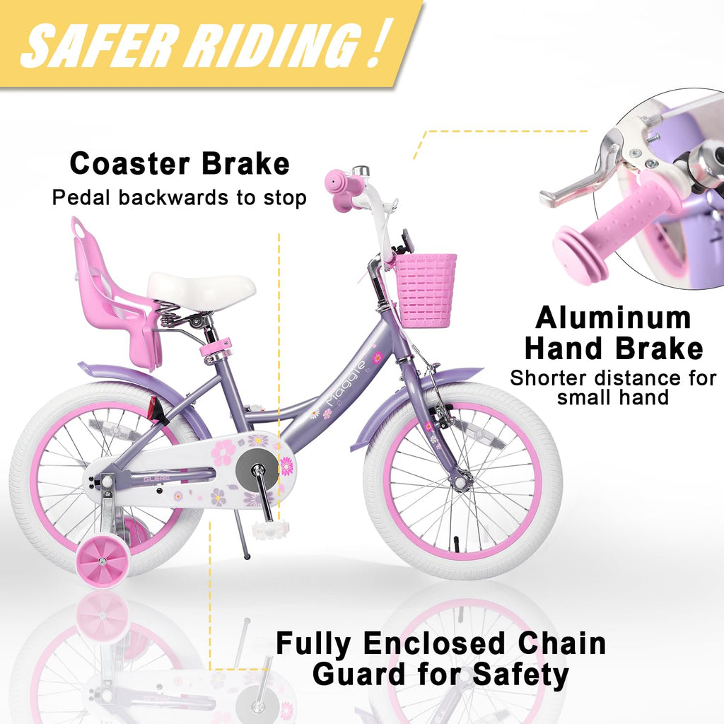 Glerc Maggie Girls Bike, 12-20 Inch Kids Bike for 2-13 Years Old Children, Princess Style Kids Bicycle with Doll-Seat & Basket & Training Wheels, Multiple Colors
