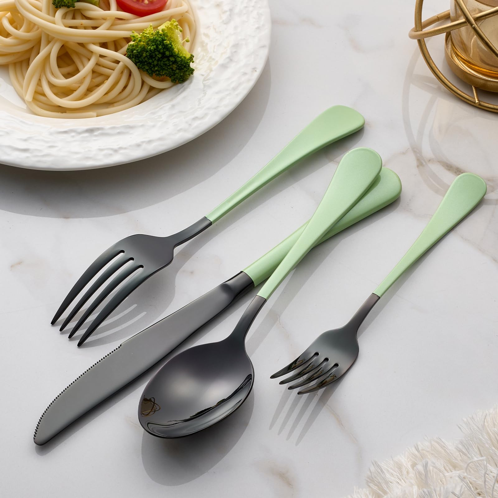 20-Pieces Blac and Pink Silverware Sets for 4,Pink Handle Stainless Steel Cutlery Set, Include Forks Spoons and Knives Set, Dishwasher Safe Utensil Sets for Home Restaurant