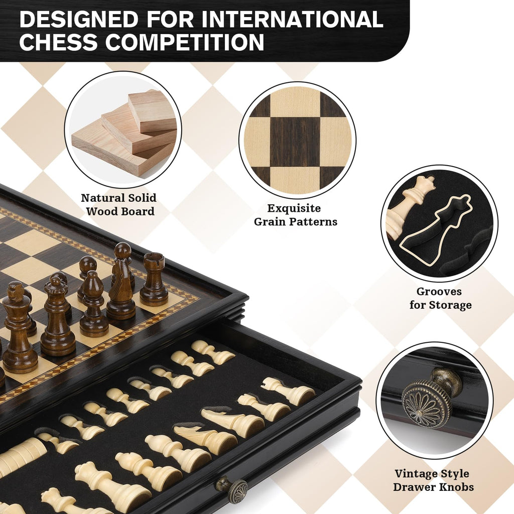 Peradix Magnetic Chess and Checkers Set with 2 Built-in Storage Drawers, Classic 2 in 1 Wooden Board Games, Magnetic Chess Pieces 2 Extra Queens, 12.8" Chess Set for Adults and Kids Gift Package