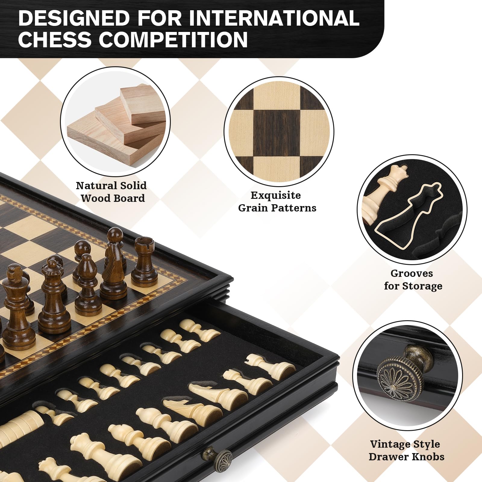 Peradix Magnetic Chess and Checkers Set with 2 Built-in Storage Drawers, Classic 2 in 1 Wooden Board Games, Magnetic Chess Pieces 2 Extra Queens, 12.8" Chess Set for Adults and Kids Gift Package