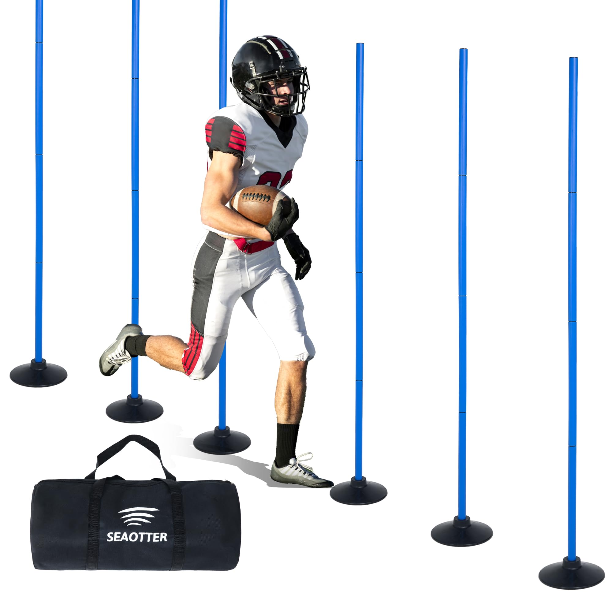 SEAOTTER Soccer Agility Poles Set, 4/6/10 Pcs 6ft Detachable Sports Trainning Speed Poles Slalom Poles with Rubber Base, Agility Training Equipment for Football, Rugby, Basketball, Indoor & Outdoor