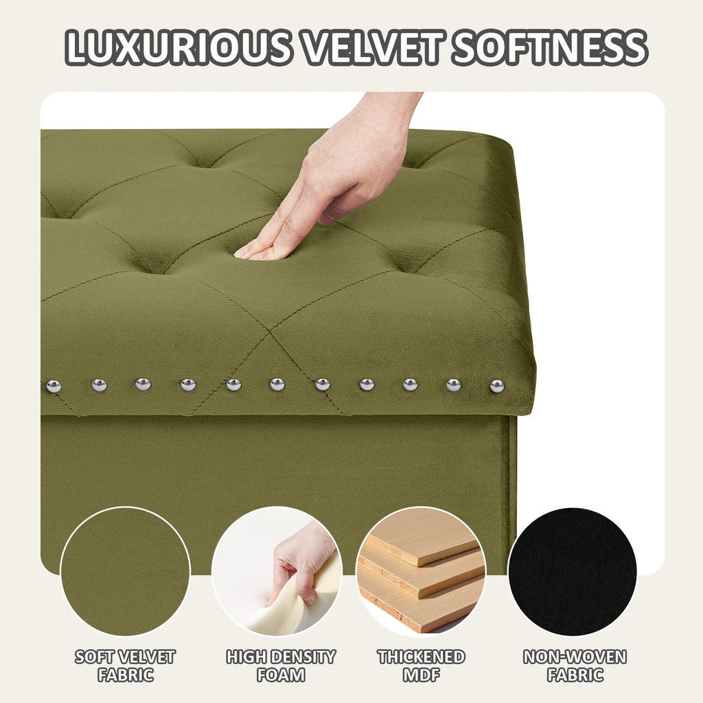 PINPLUS Folding Storage Ottoman Bench, Folding Velvet Tuffed Foot Rest Stool with Rivet, End of Bed Bench Large Long Shoes Chest for Bedroom Entryway Living Room, Beige, 41.3 Inches