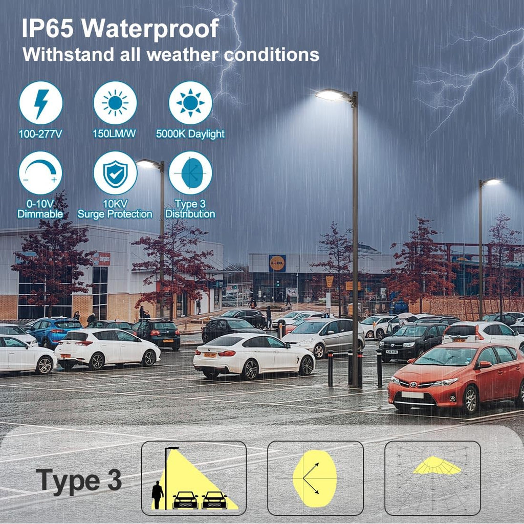 150W LED Parking Lot Light with Photocell, Outdoor Dimmable LED Pole Lights with Slip Fitter & Arm Mount in 1, 22500LM 5000K 100-277V IP65, 150W/100W/80W Power Tunable, ETL