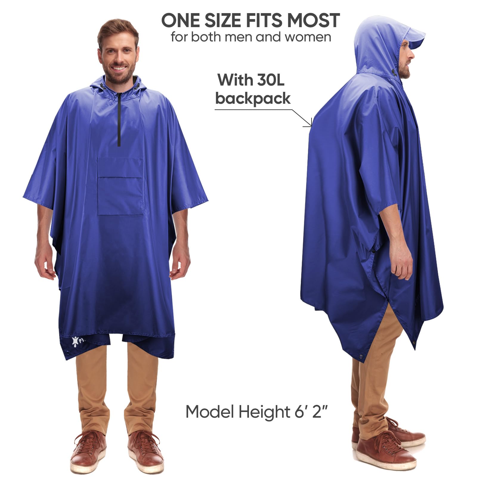 PTEROMY 3-in-1 Hooded Rain Poncho for Adult with Pocket, Waterproof Lightweight Unisex Raincoat for Hiking Camping Emergency