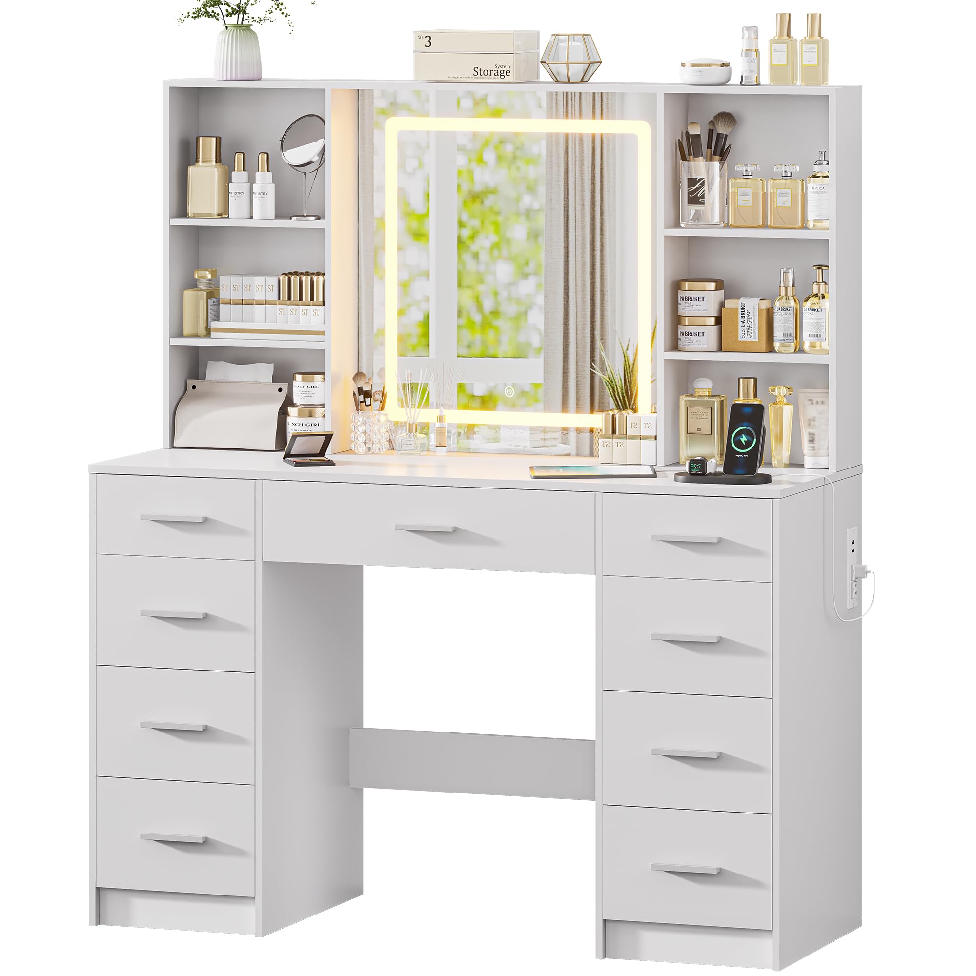 Vanity Desk with Lighted Mirror, Black Vanity with 4 Drawers,Makeup Vanity with Storage Shelves and Power Outlet,10 Lights with 3 Color Modes Brightness Adjustable for Girls’ Bedroom (Black)