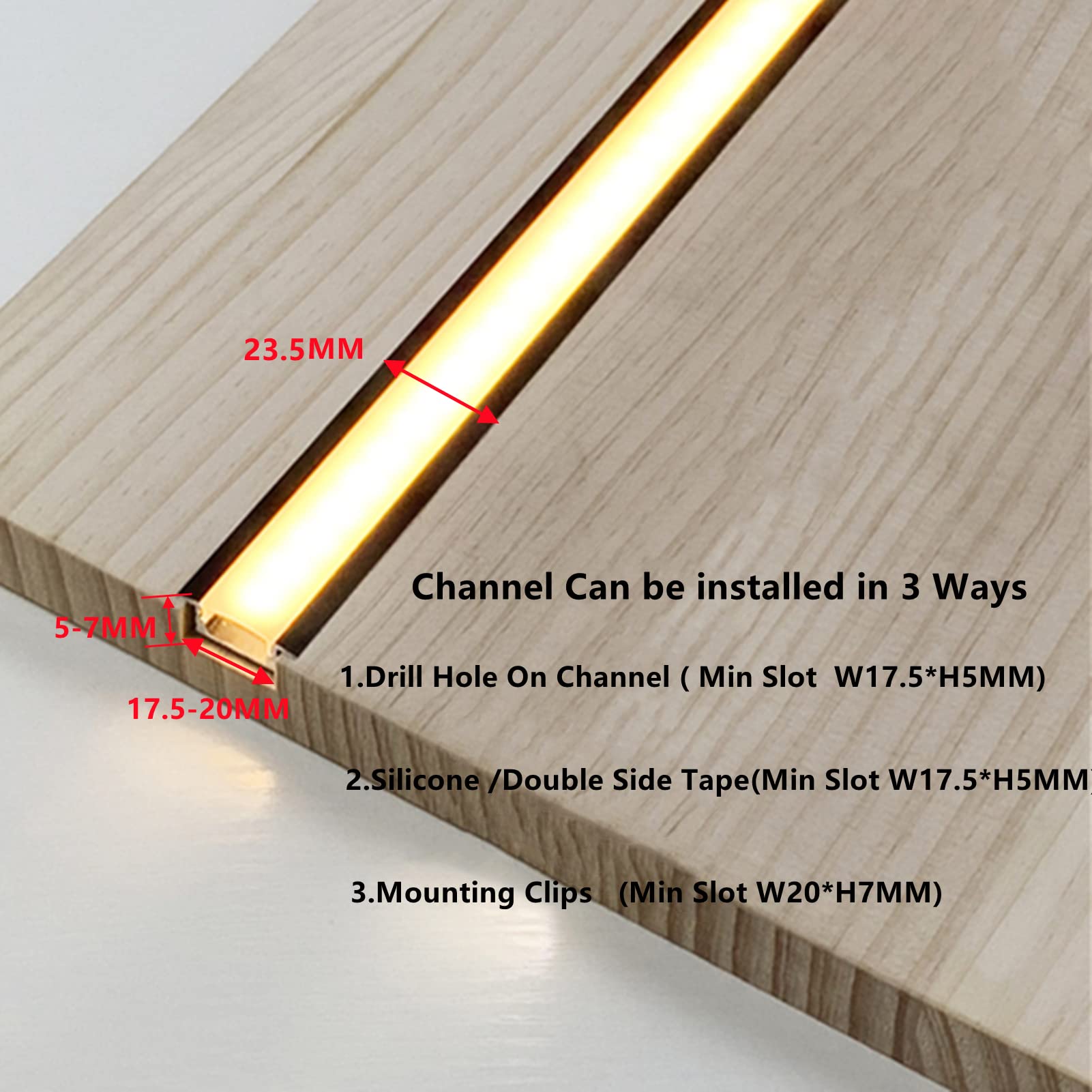 THMOOTHER Recessed LED Strip Channel Diffuser 10-Pack 6.56FT,23.5X7MM LED Tape Aluminum Track with Flange,Flush Mounted Wardrobe Bookcase Wine Cabinet Wooden Furniture Groove Integrated Low Profile