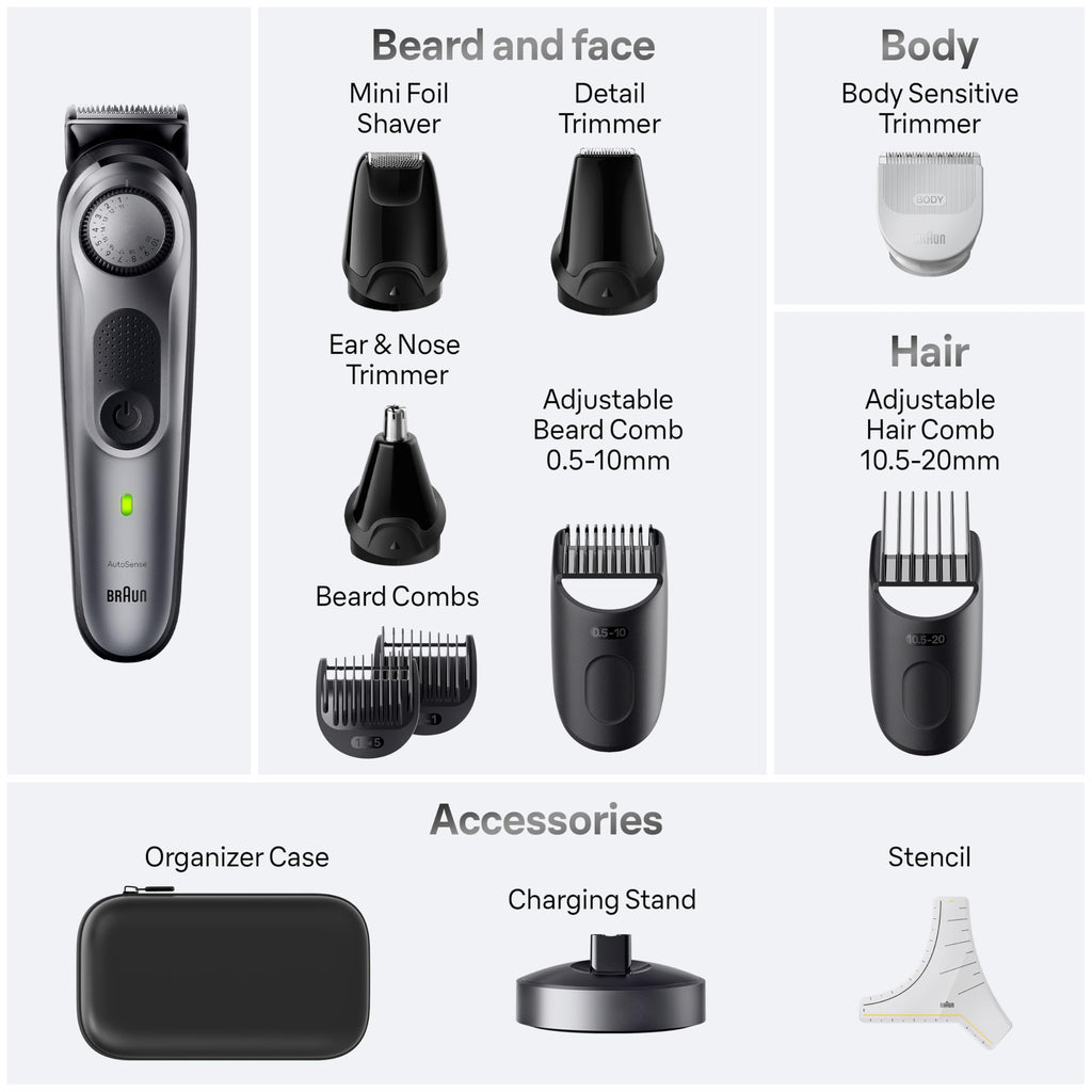 Braun All-in-One Style Kit Series 7 7410, 8-in-1 Trimmer for Men with Beard Trimmer, Body Trimmer for Manscaping, Hair Clippers & More, Sharpest Blade, 40 Length Settings, Waterproof