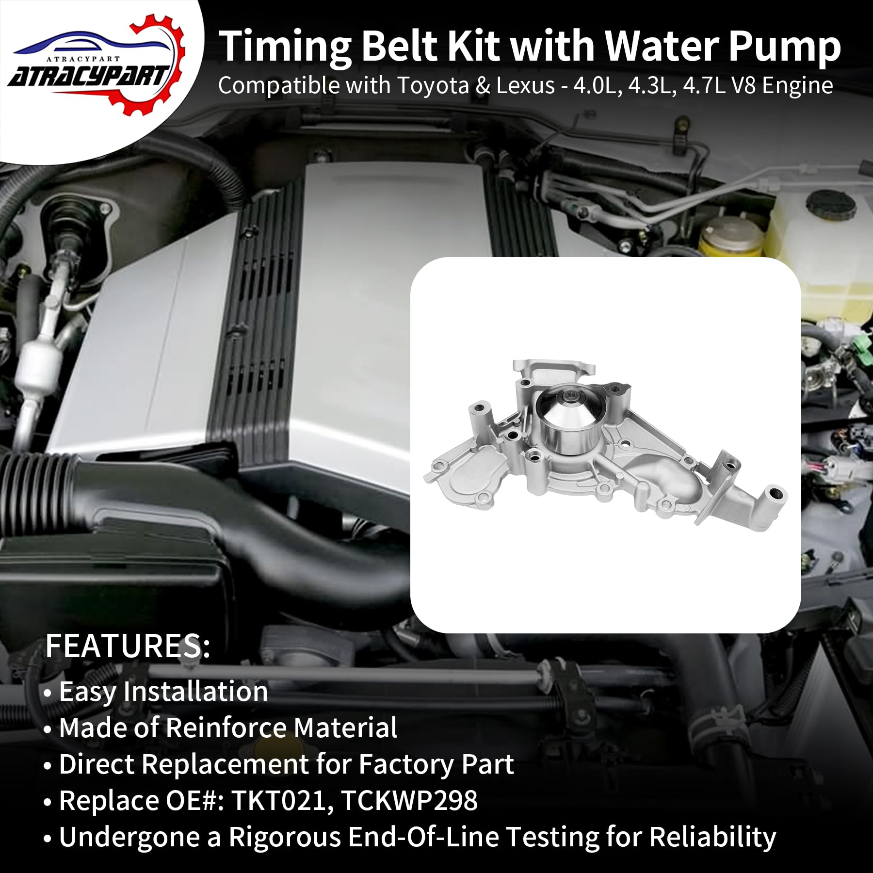 Engine Timing Belt Kit with Water Pump | Compatible With 1987-2001 Toyota Camry Celica RAV4 MR2 Solara 2.0L 2.2L 3SFE 5SFE L4 DOHC 16V | Replaces# TBK138, TCKWP199