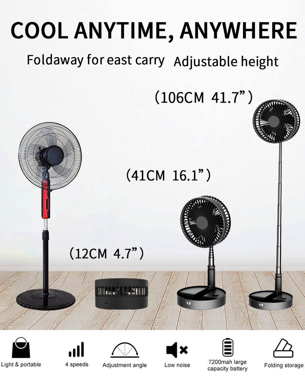 UN UNITEDTIME Portable Fan Foldable Rechargeable [Remote Control ] Battery Operated Foldaway Standing Pedestal Collapsible Fan, 4 Speed, Timer for Camping Travel, Bedroom (Black)