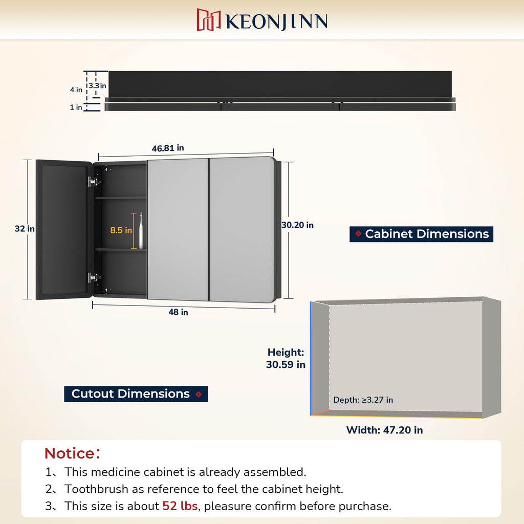 Keonjinn 15 x 36 Inch Black Slim Medicine Cabinets, Narrow Bathroom Side Medicine Cabinet with Mirror, Stainless Steel Framed, Adjustable Shelves, Recessed or Wall Mount, Modern Farmhouse